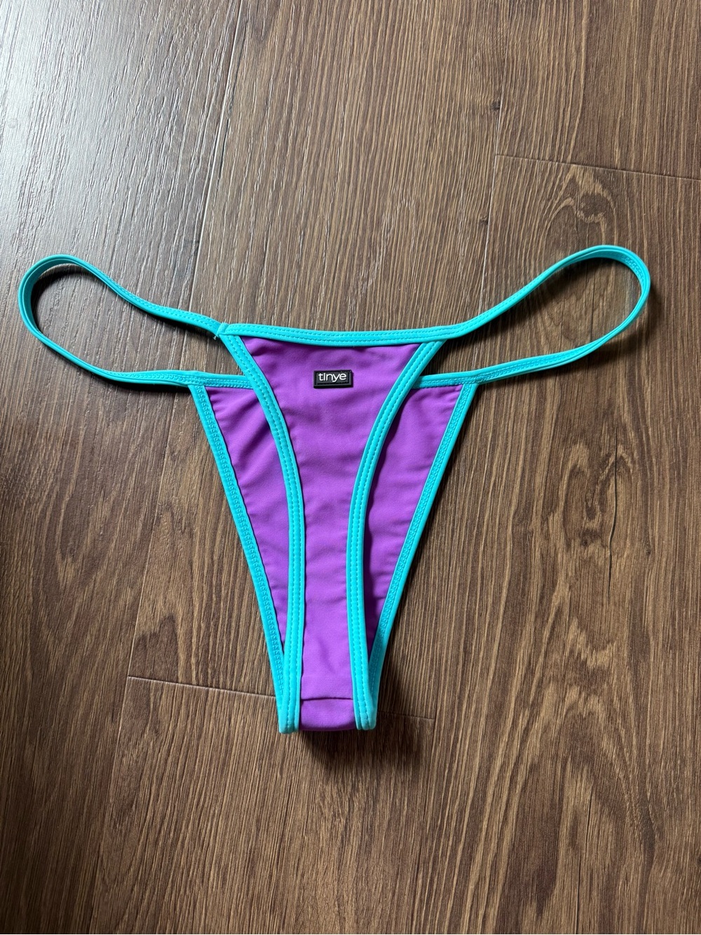 TinyE Thong/String Bikini Bottom Purple Blue Trim Stretch Solid Logo Size M Swim